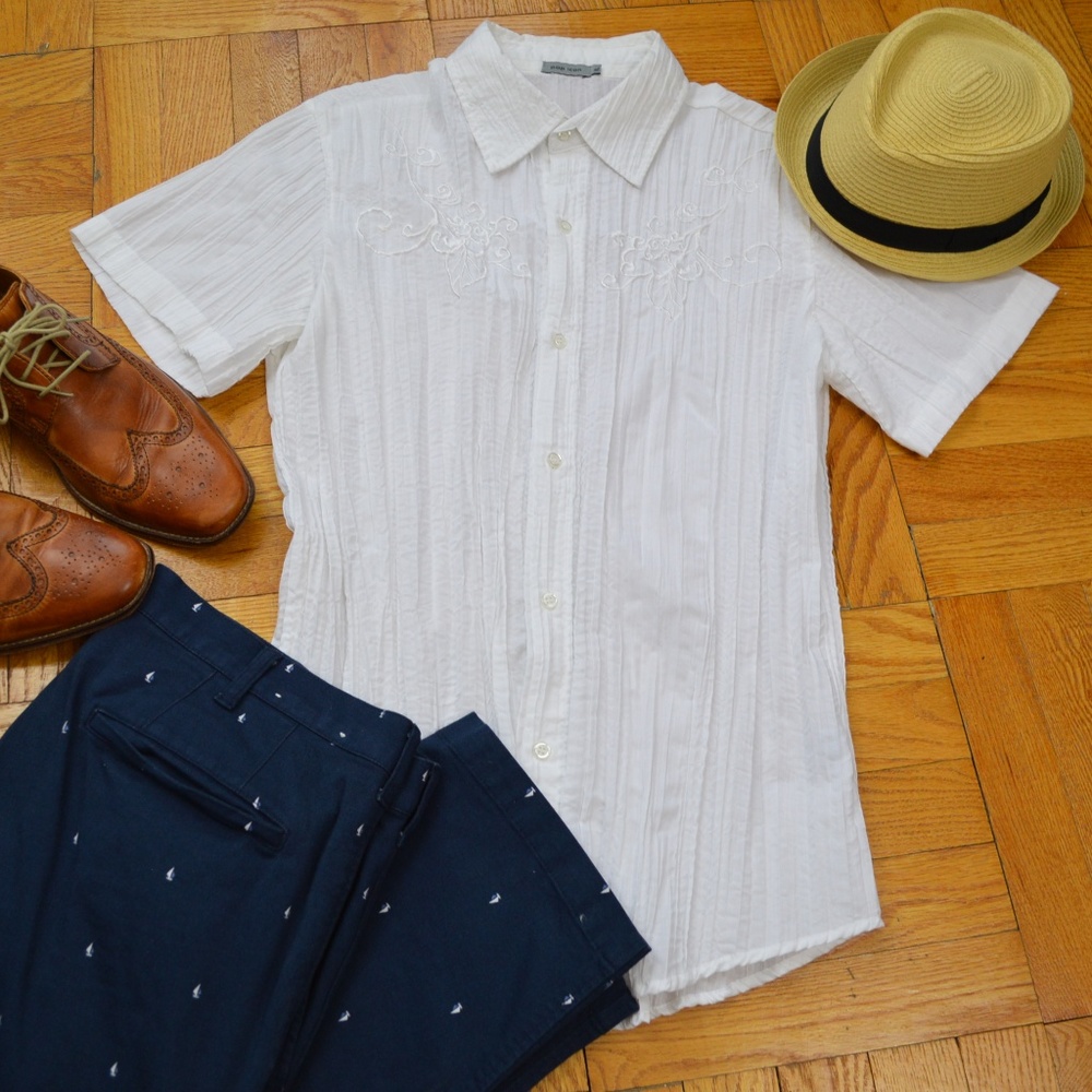 shear embroidered pleated "Guayabera" shirt